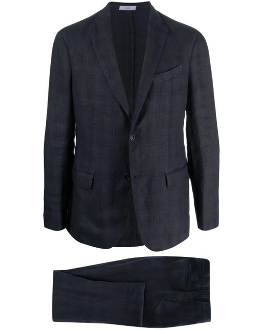 Boglioli Blue Single-Breasted Check-Pattern Linen Suit for men