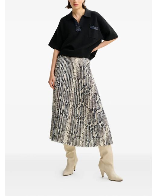 Essentiel Antwerp Natural Snakeskin-Print Midi Pleated Skirt