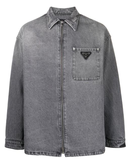 Prada Gray Triangle-logo Denim Jacket for men