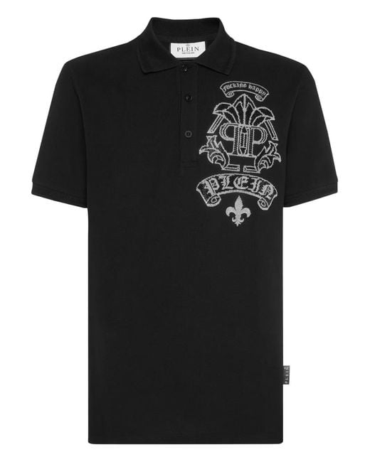 Philipp Plein Black Strass Tattoo Polo Shirt for men
