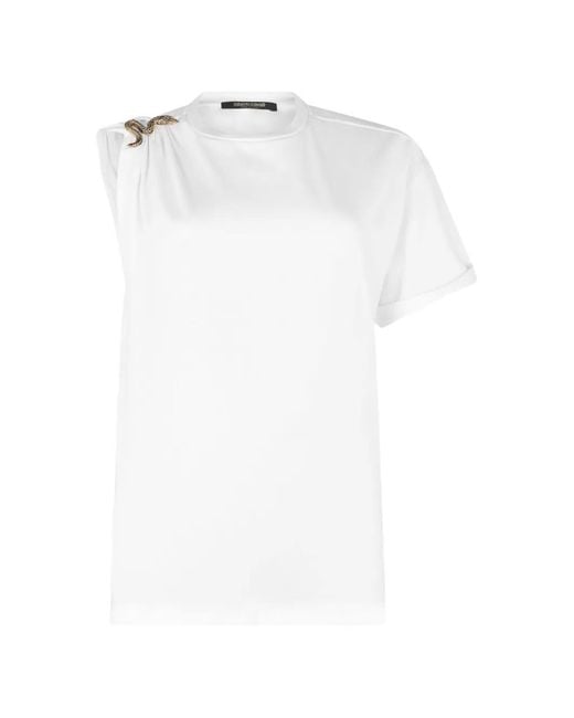 Roberto Cavalli White Asymmetric Snake Motif T-Shirt
