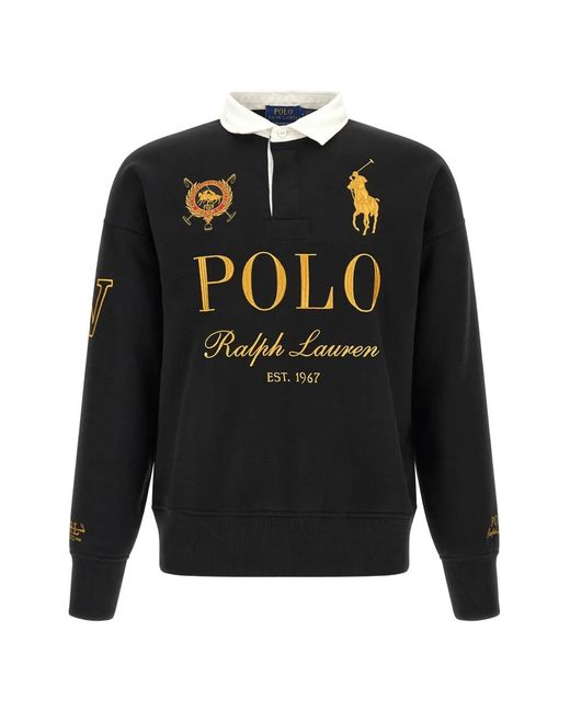 Polo Ralph Lauren Black Relaxed Fit Big Pony Rugby Sweatshirt Polo Shirt for men