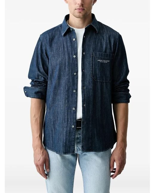 ARMANI EXCHANGE Blue Logo-Embroidered Chest-Pocket Shirt for men
