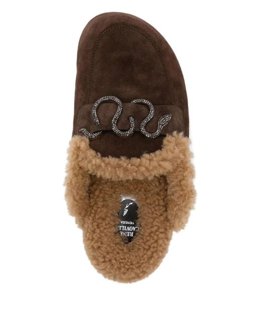 Rene Caovilla Brown Crystal-Embellished Mules