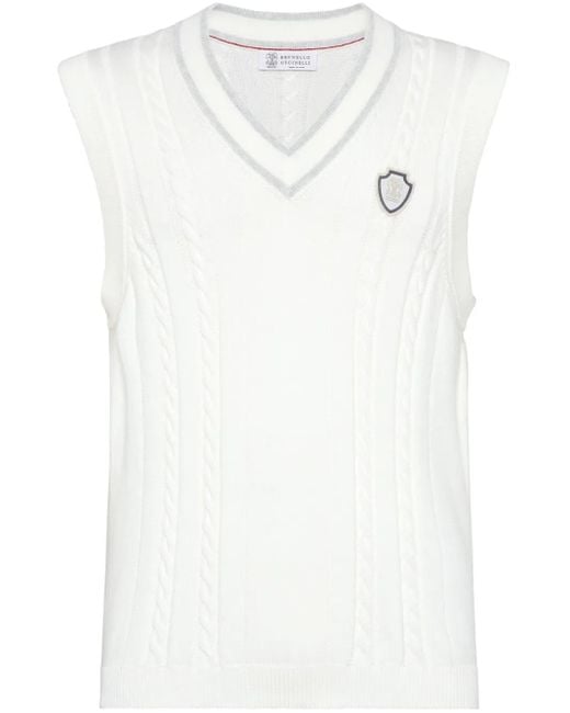 Brunello Cucinelli White Cable Knit Vest for men
