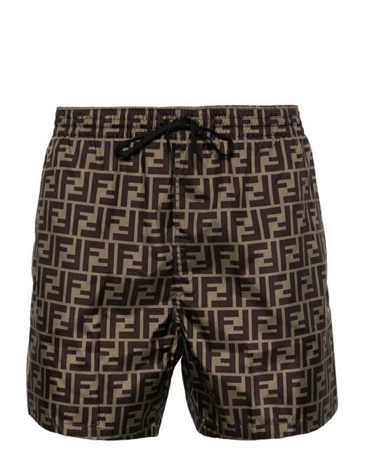 Fendi Brown Logo-Pattern Swim Shorts for men