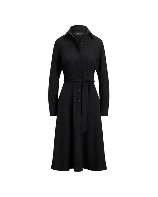 Ralph Lauren Black Double-Faced Georgette Belted Midi Shirt Dress