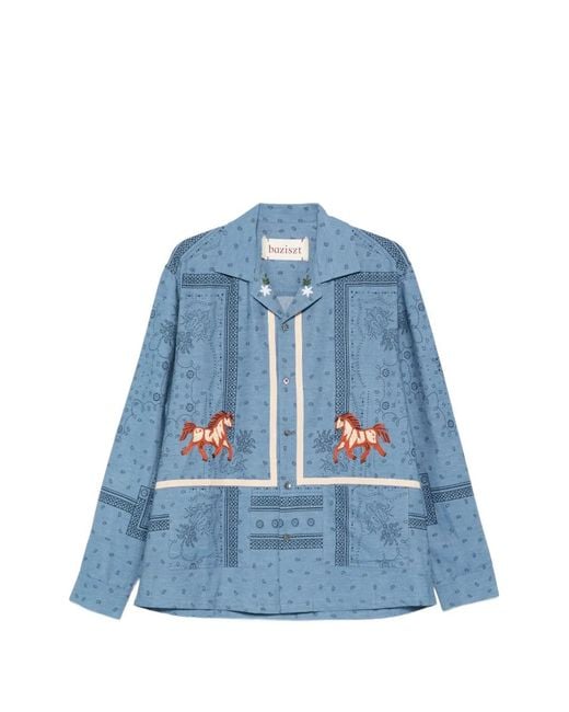 BAZISZT Blue Ranch Horse-Motif Bandana Shirt for men