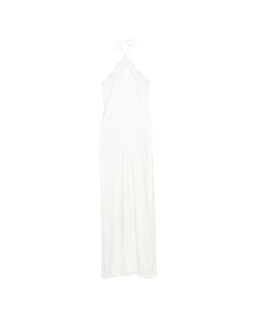 Oseree White Lace-Trim Halterneck Dress