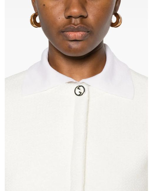 Gucci White Collarless Cropped Jacket With Gg Logo Button
