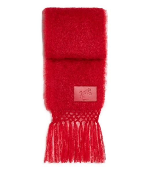 Jil Sander Red Logo-Patch Fringed Scarf for men