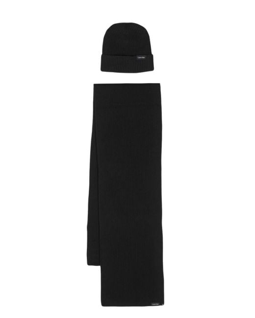Calvin Klein Black Ribbed-knit Scarf Set (set Of Two) for men