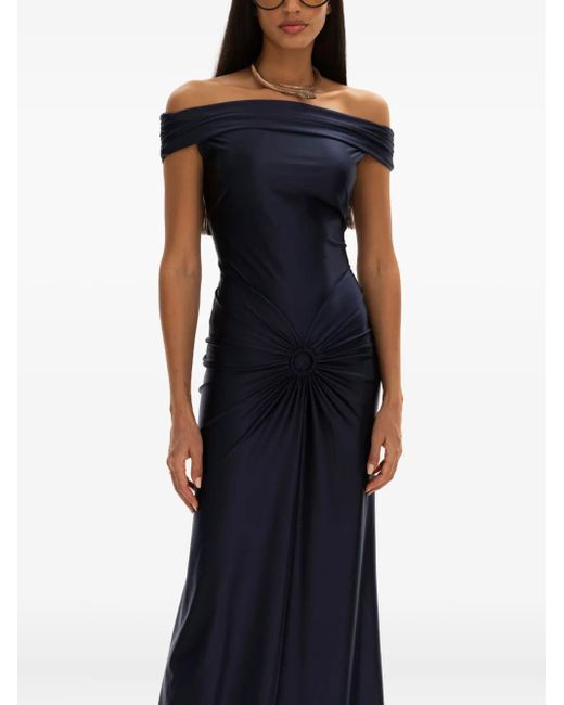 MOOS STUDIO Blue Off-Shoulder Draped Gown