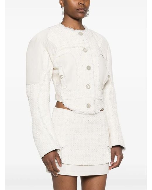 Gcds White Leather-Panel Tweed Jacket