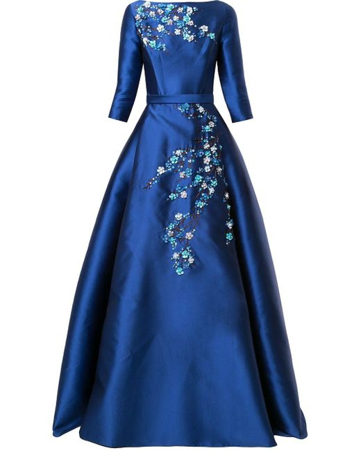 Carolina Herrera Blue Floral-appliqué Satin Gown