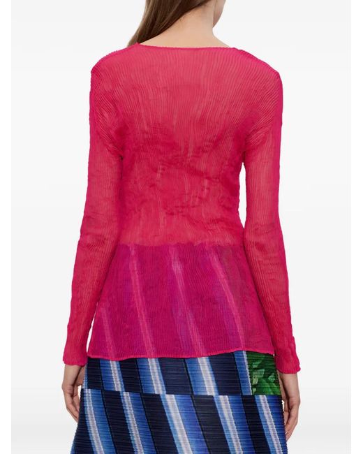 Issey Miyake Red Pleated V-Neck Top