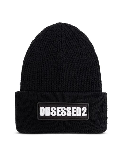 DSquared² Black Embroidered Ribbed-Knit Beanie for men