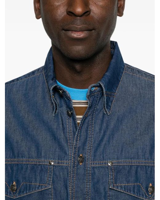 Versace Blue Embroidered-Logo Denim Cotton Shirt for men