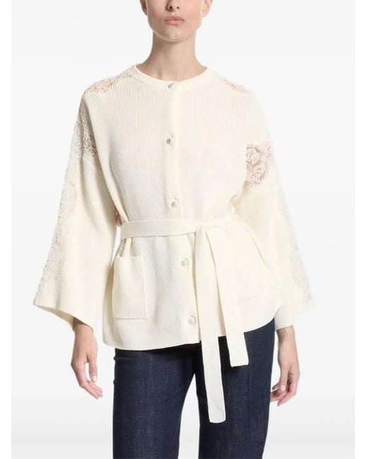 Elie Saab Natural Lace-Paneled Belted Jacket
