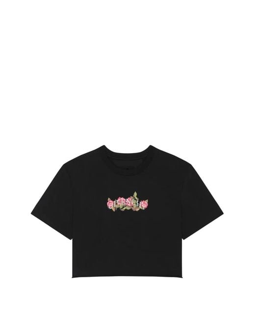 Givenchy Black Floral-Print Cropped T-Shirt