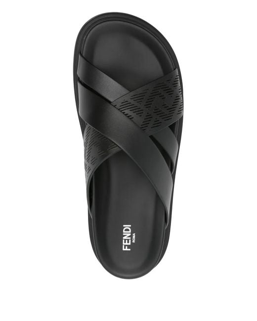 Fendi Gray Cross-Strap Leather Slides for men