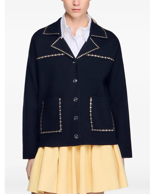 Sandro Blue Studded Blazer Collar Cardigan