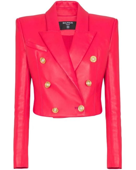 Balmain Red Lambskin Cropped Jacket