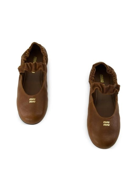 Miu Miu Brown Ruched Leather Ballet Flats
