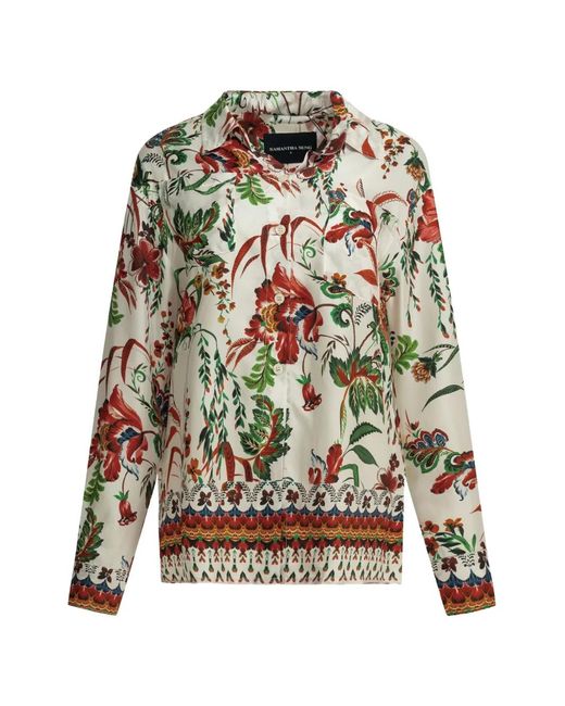 Samantha Sung White Floral-Print Silk Shirt