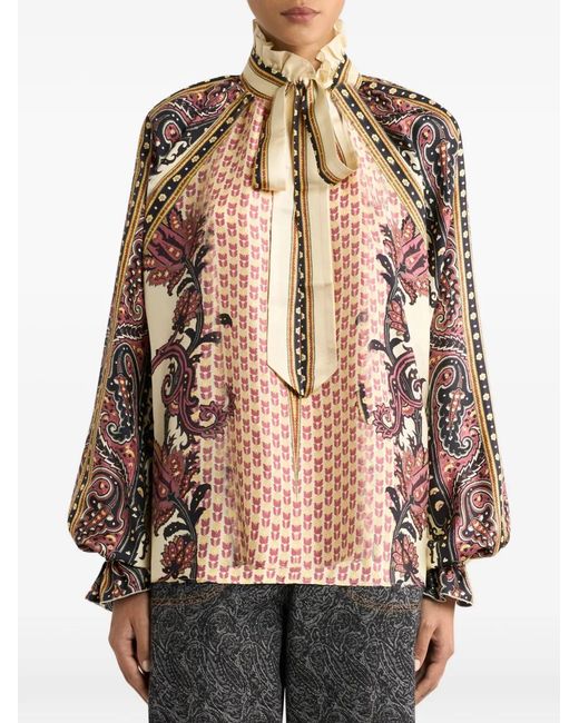 Etro Pink Silk Twill Blouse With Silk Scarf And Floral Geometric Motif
