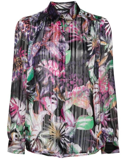 Just Cavalli Purple Foliage-Print Metallic Shirt