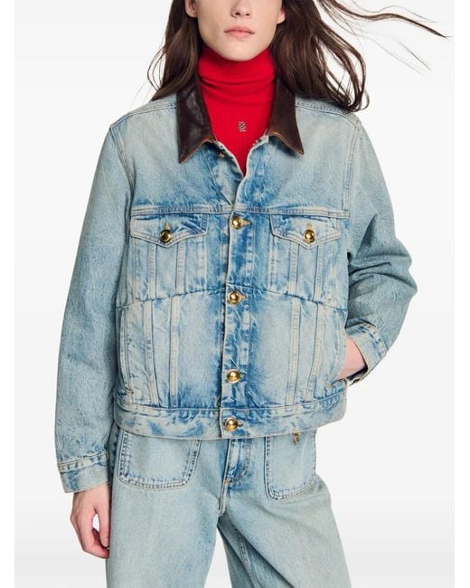 Sandro Blue Veste En Jean Boutonnée À Col En Cuir