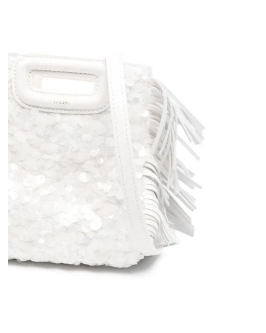 Maje White Mini M Fringe Sequin Bag
