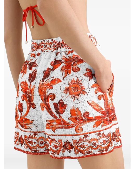 Dolce & Gabbana Red Majolica-Print Broderie Anglaise Lace Shorts