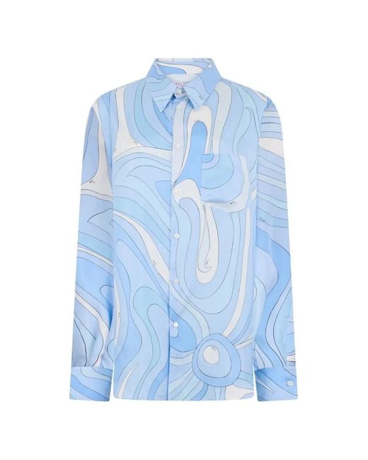 Emilio Pucci Blue Marmo-Print Oversized Silk Shirt