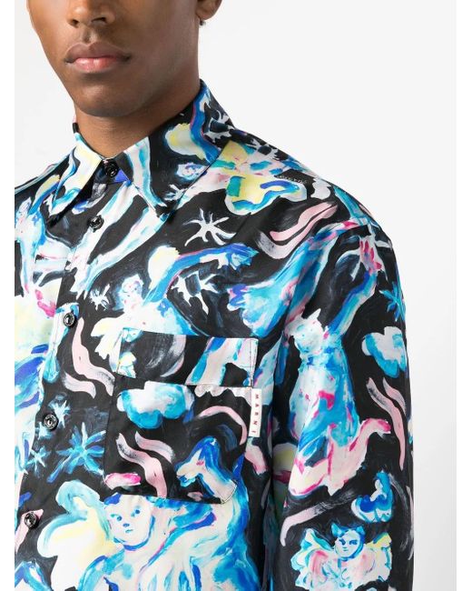 Marni Blue Silk Shirt With Luciferi Print for men