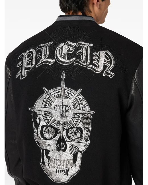 Philipp Plein Black Leather-Sleeves Bomber Jacket for men