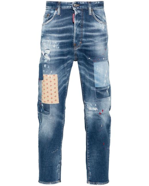 DSquared² Blue Patchwork-detailing Distressed Jeans for men