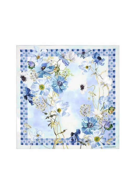 Ferragamo Eyewear Blue Floral-Print Silk Scarf for men