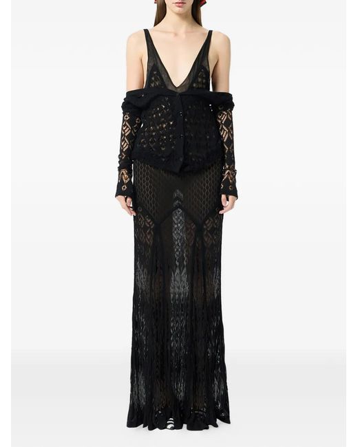 Blumarine Black Patterned V-neck maxi dress