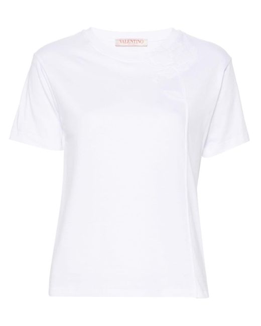 Valentino Garavani Floral-appliqué Cotton T-shirt in het White