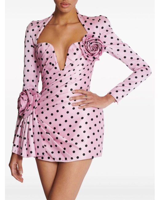 Balmain Pink Polka Dot-print Pleated Minidress