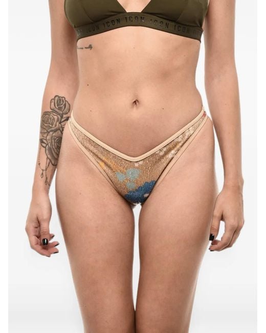 DSquared² Natural Sequin-Embellished Floral-Print Swim Briefs