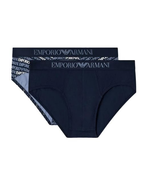Emporio Armani Blue Logo Elastic Briefs (Set Of Two) for men