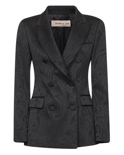 Blanca Vita Black Floral-Motif Double-Breasted Blazer