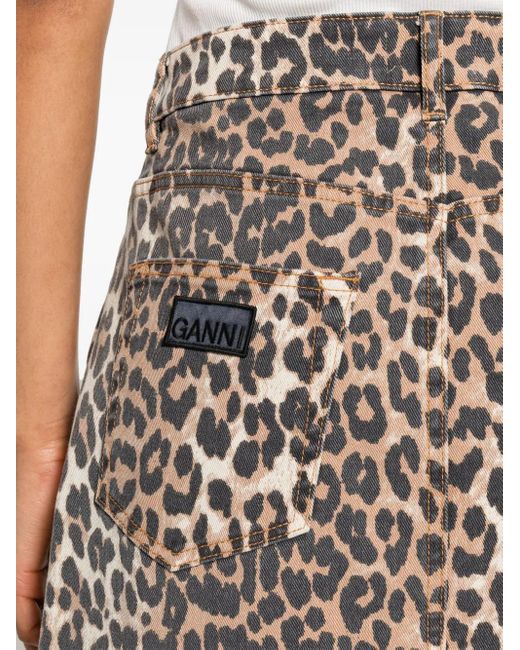 Ganni High Waist Denim Midi-Rok Met Luipaardprint in het Brown