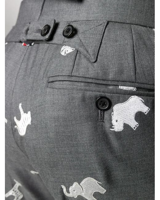 Thom Browne Gray Animal-Embroidered Cropped Trousers for men