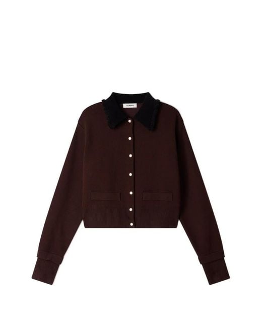 Sandro Brown Ruffle-Collar Cropped Cardigan