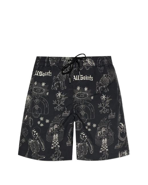 AllSaints Black Print Beach Shorts for men