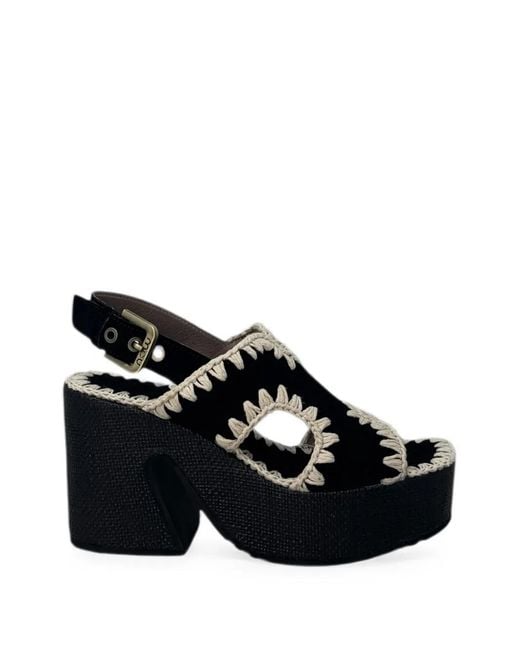 Mou Black Crochet-Trim Platform Sandals